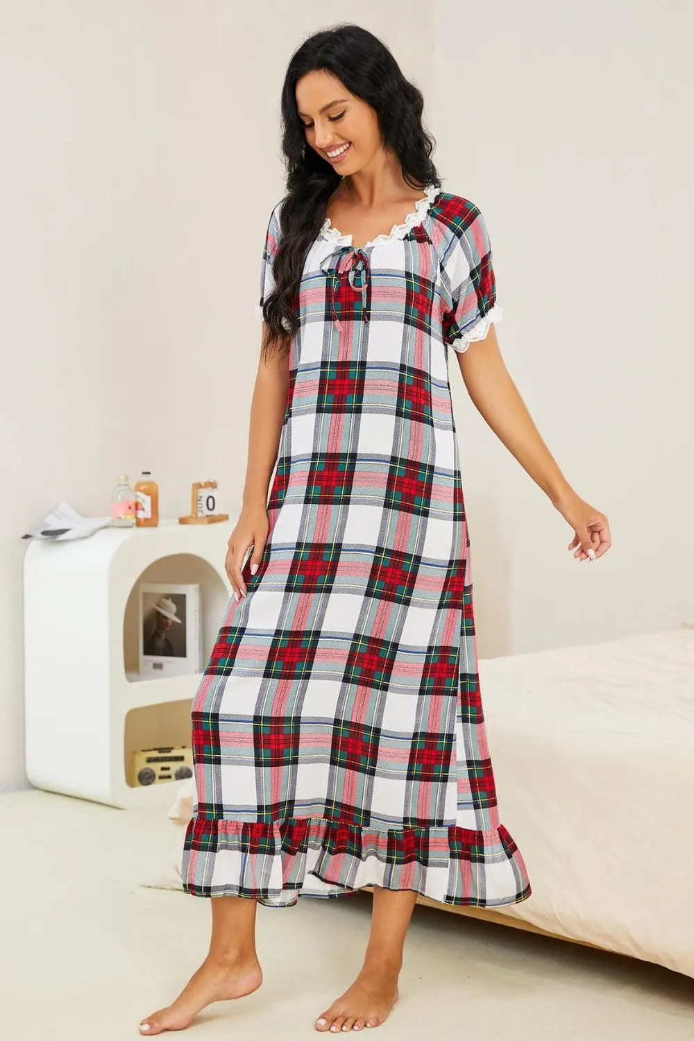 Plaid Lace Trim Ruffle Hem Night Dress