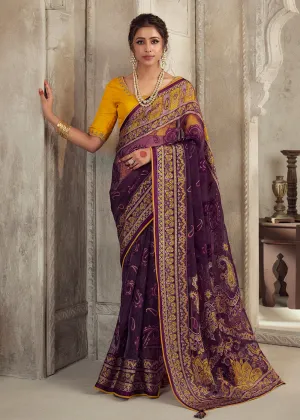 Plum Soft Organza Brasso Embroidered Wedding Festive Saree