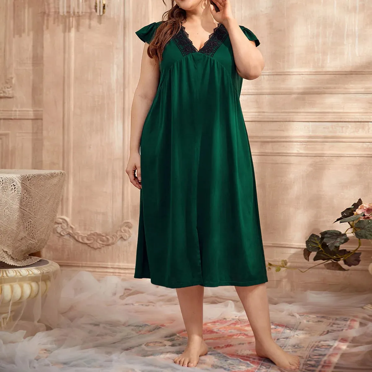 Plus Size 5XL Sleepwear Women's Sexy V-Neck Lace Nightgown Retro Nightdress Loose Casual Home Wear Intimate Lingerie Nightwear