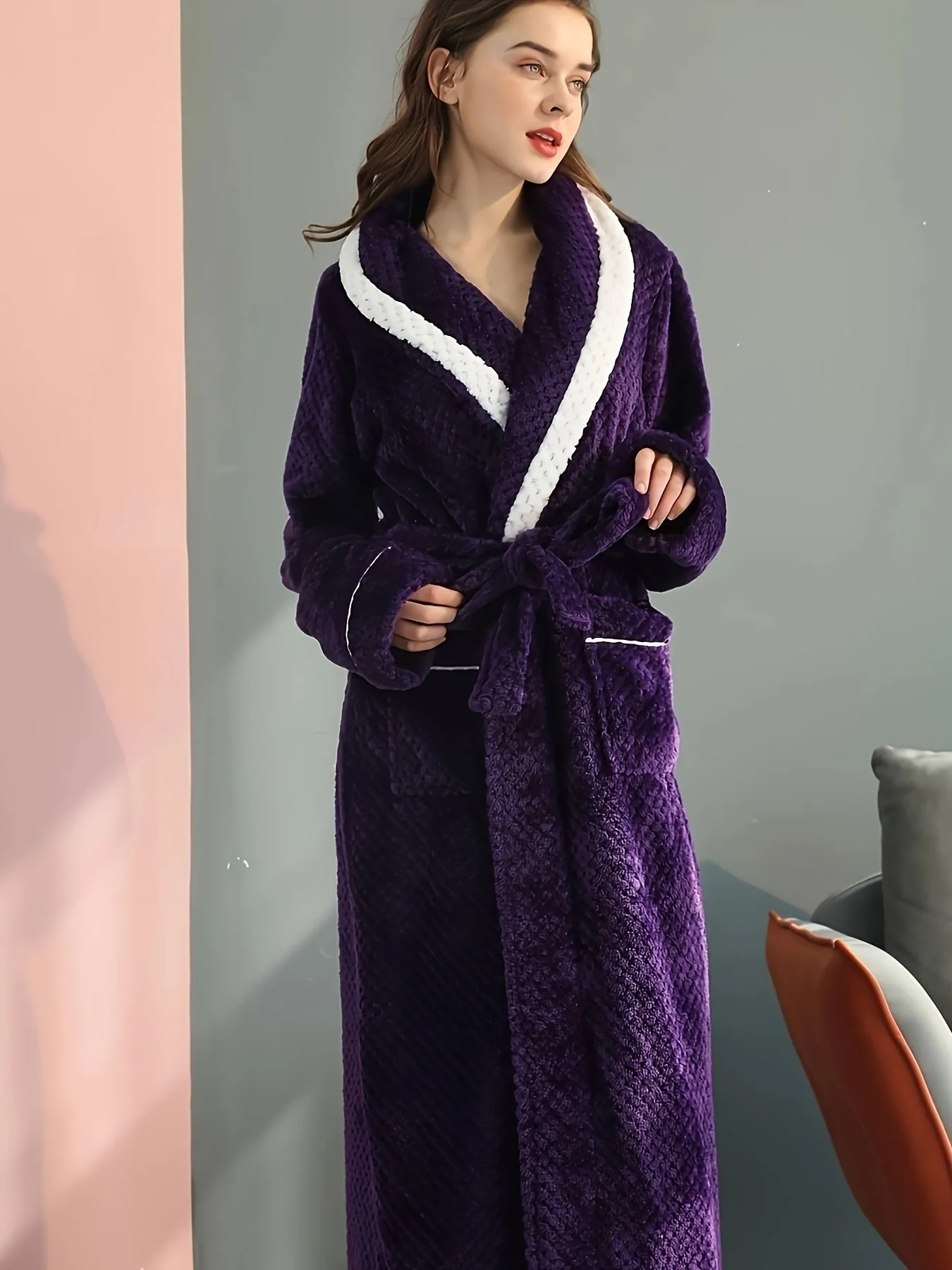 Plus Size Cozy Flannel Robe - Soft, Warm, Long Sleeve, Contrast Pipping, Thick, Casual Loungewear for Fall and Winter Nights - Ideal for Relaxation and Sleep