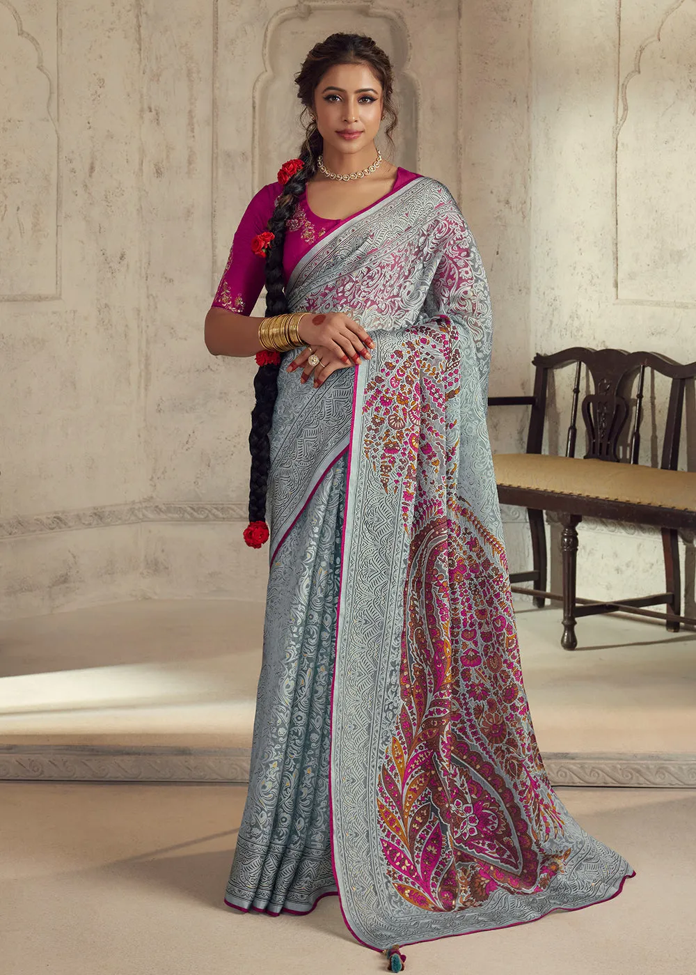 Powder Blue Soft Organza Brasso Embroidered Wedding Festive Saree