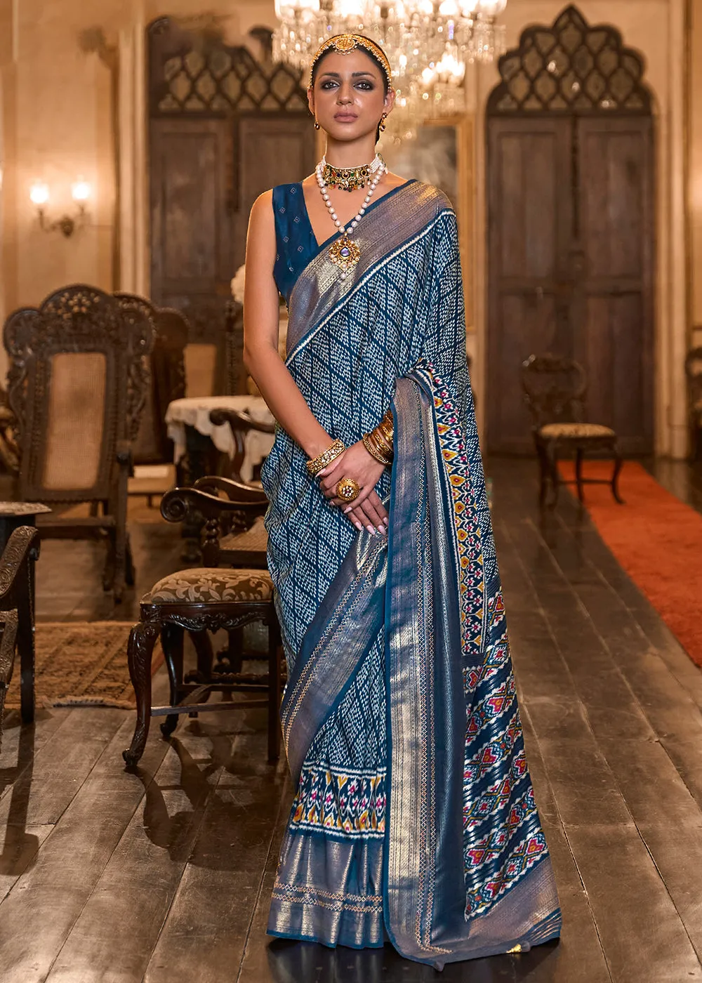 Pretty Navy Blue Woven Zari & Printed Patola Silk Traditional Saree