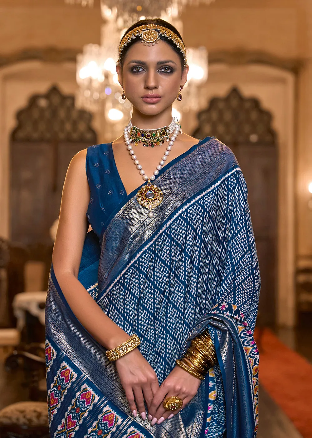 Pretty Navy Blue Woven Zari & Printed Patola Silk Traditional Saree