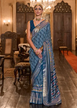 Pretty Navy Blue Woven Zari & Printed Patola Silk Traditional Saree