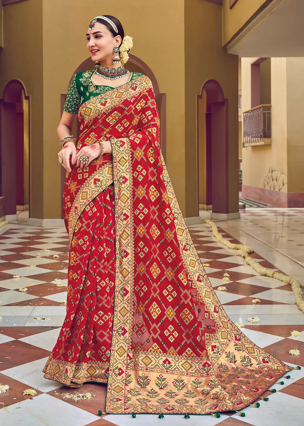 Pure Georgette Viscose Crimson Red Wedding Traditional Saree