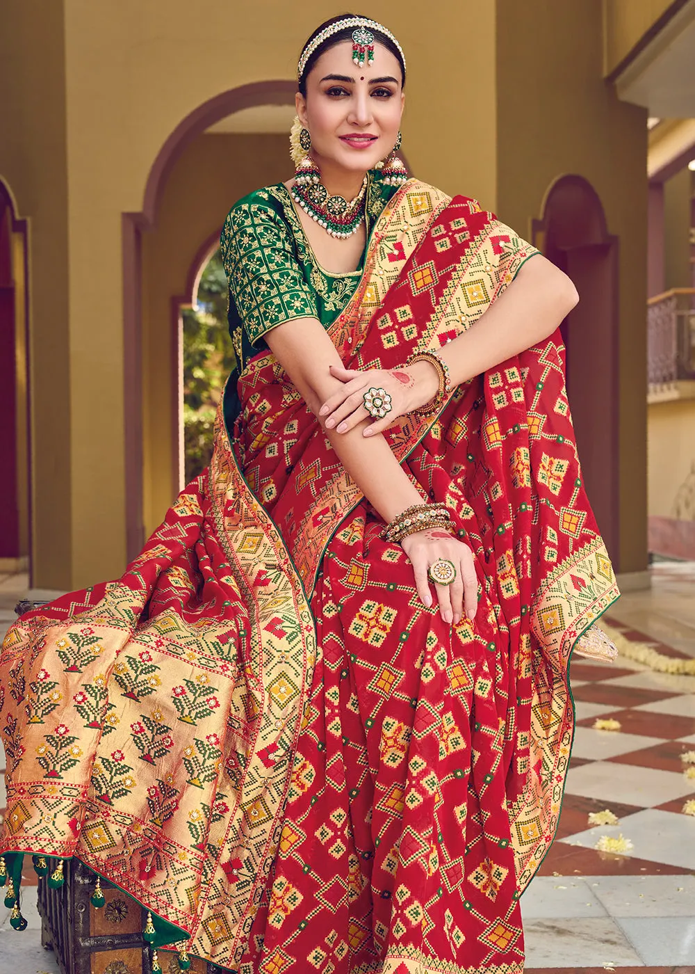 Pure Georgette Viscose Crimson Red Wedding Traditional Saree