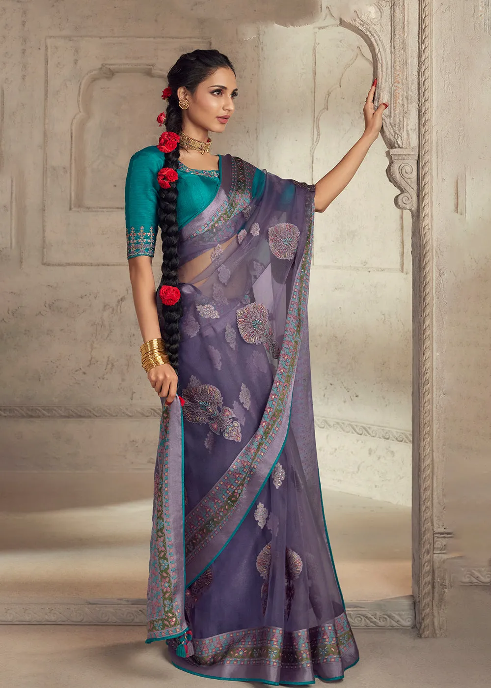 Purple Soft Organza Brasso Embroidered Wedding Festive Saree