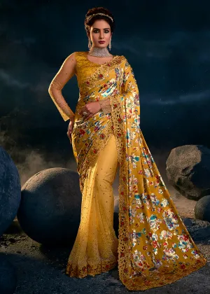 Rich Yellow Premium Net Heavy Embroidered Designer Saree