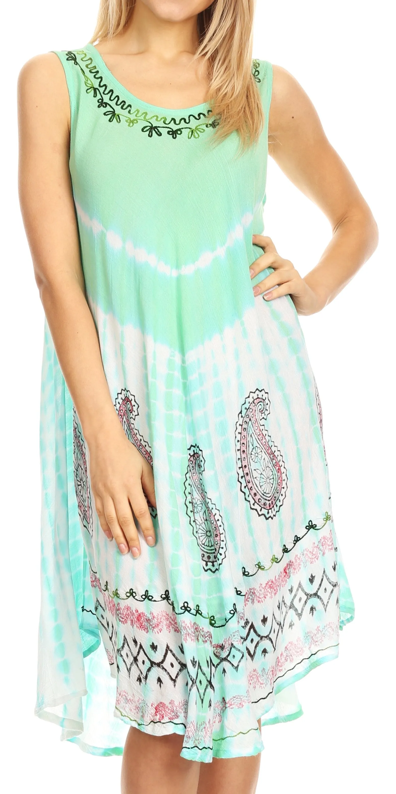 Sakkas Violeta Women's Tie Dye Paisley Caftan Midi Sleeveless Tank Dress  Cover Up