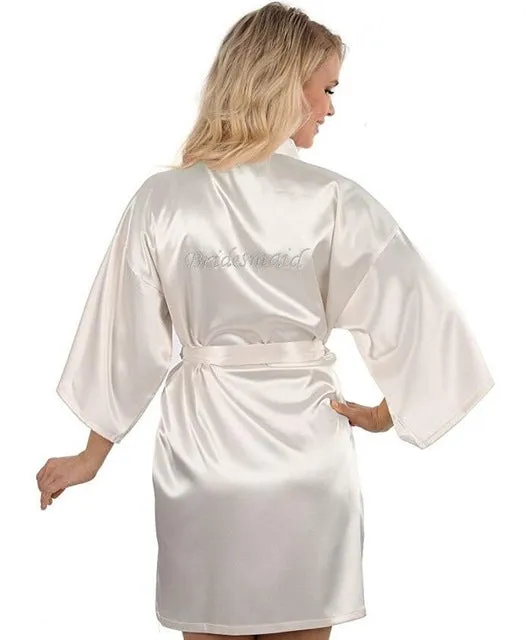 Satin Faux Silk Wedding Bride Bridesmaid Robes,White Bridal Dressing Gown/ Kimono Bathrobes,"BRIDE""BRIDE MAID" Graphic on Back