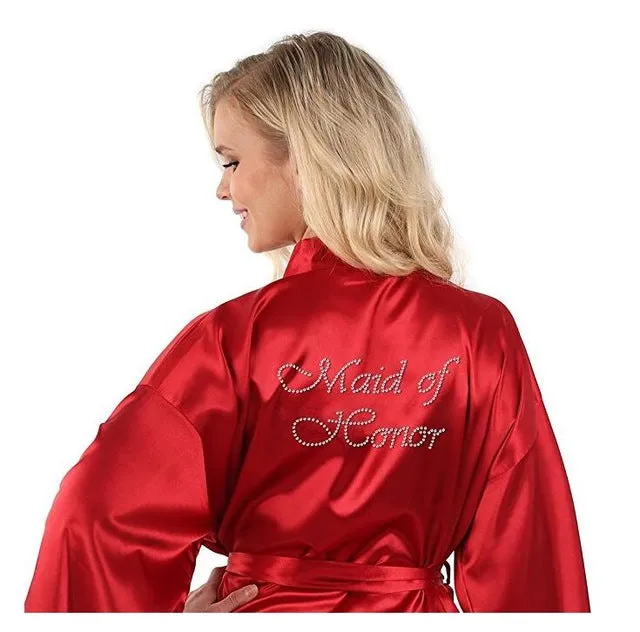 Satin Faux Silk Wedding Bride Bridesmaid Robes,White Bridal Dressing Gown/ Kimono Bathrobes,"BRIDE""BRIDE MAID" Graphic on Back