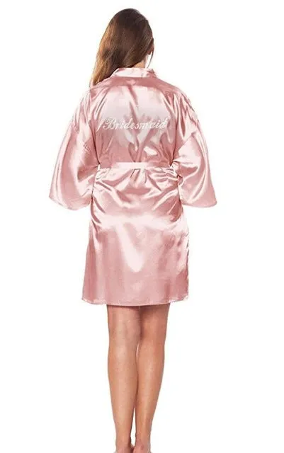 Satin Faux Silk Wedding Bride Bridesmaid Robes,White Bridal Dressing Gown/ Kimono Bathrobes,"BRIDE""BRIDE MAID" Graphic on Back