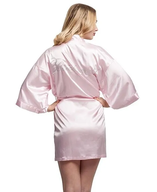 Satin Faux Silk Wedding Bride Bridesmaid Robes,White Bridal Dressing Gown/ Kimono Bathrobes,"BRIDE""BRIDE MAID" Graphic on Back