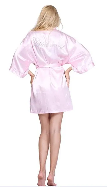 Satin Faux Silk Wedding Bride Bridesmaid Robes,White Bridal Dressing Gown/ Kimono Bathrobes,"BRIDE""BRIDE MAID" Graphic on Back