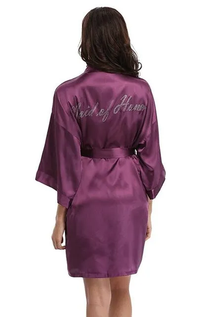 Satin Faux Silk Wedding Bride Bridesmaid Robes,White Bridal Dressing Gown/ Kimono Bathrobes,"BRIDE""BRIDE MAID" Graphic on Back