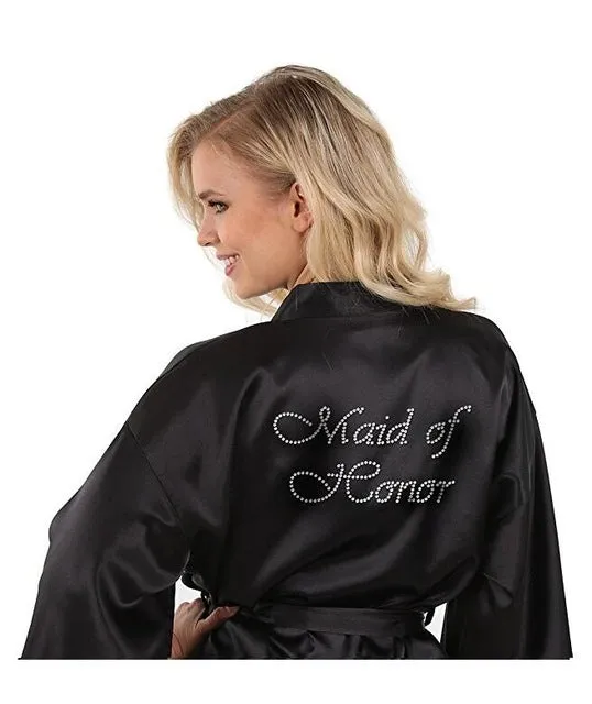 Satin Faux Silk Wedding Bride Bridesmaid Robes,White Bridal Dressing Gown/ Kimono Bathrobes,"BRIDE""BRIDE MAID" Graphic on Back