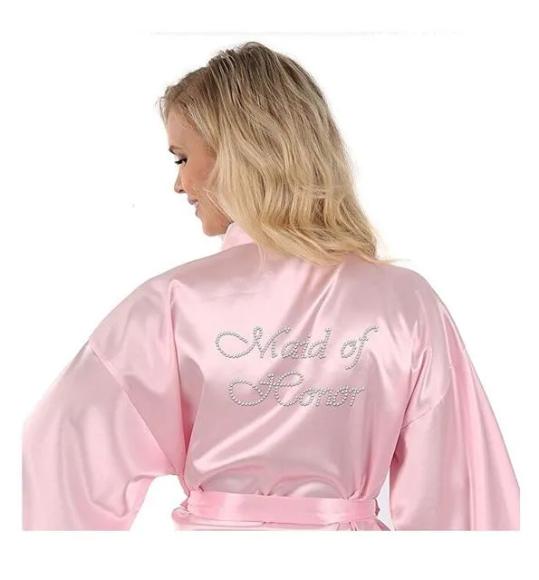 Satin Faux Silk Wedding Bride Bridesmaid Robes,White Bridal Dressing Gown/ Kimono Bathrobes,"BRIDE""BRIDE MAID" Graphic on Back