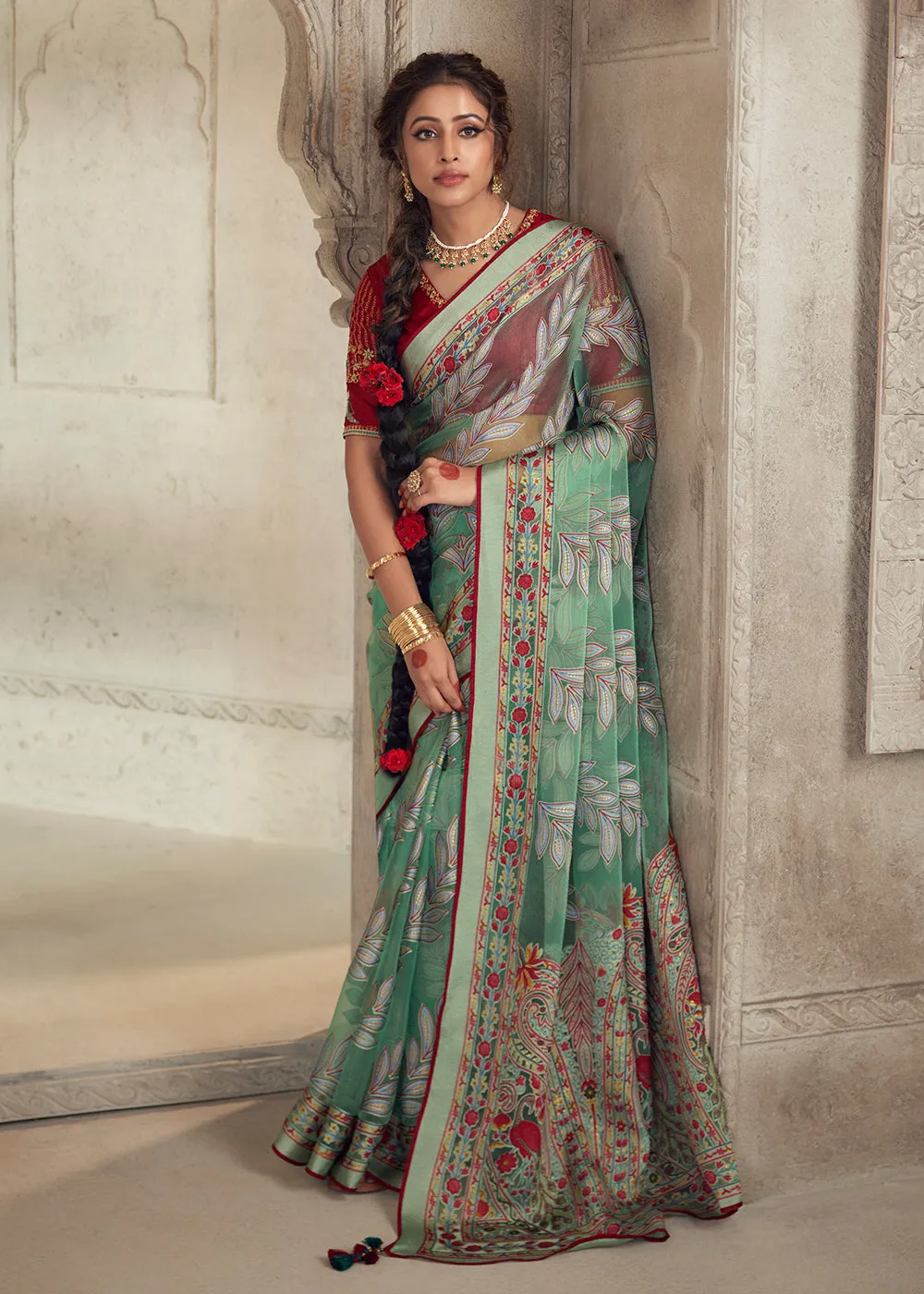 Sea Green Soft Organza Brasso Embroidered Wedding Festive Saree