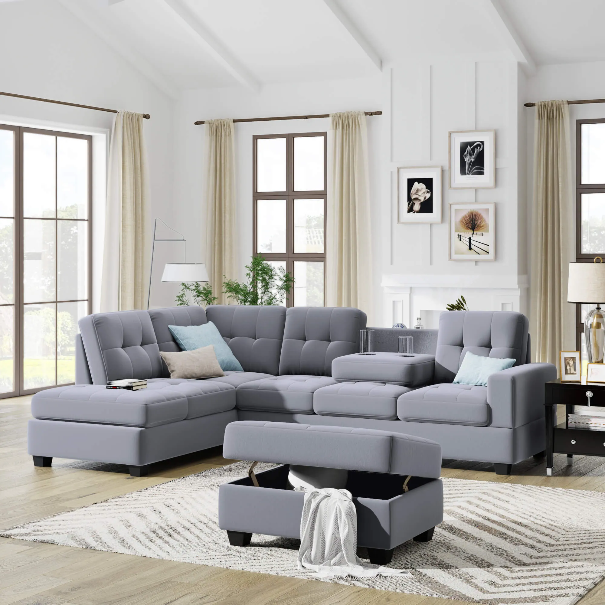 Sectional Sofa with Reversible Chaise Lounge L-Shaped Couch with Storage Ottoman and Cup Holders (Light Grey)