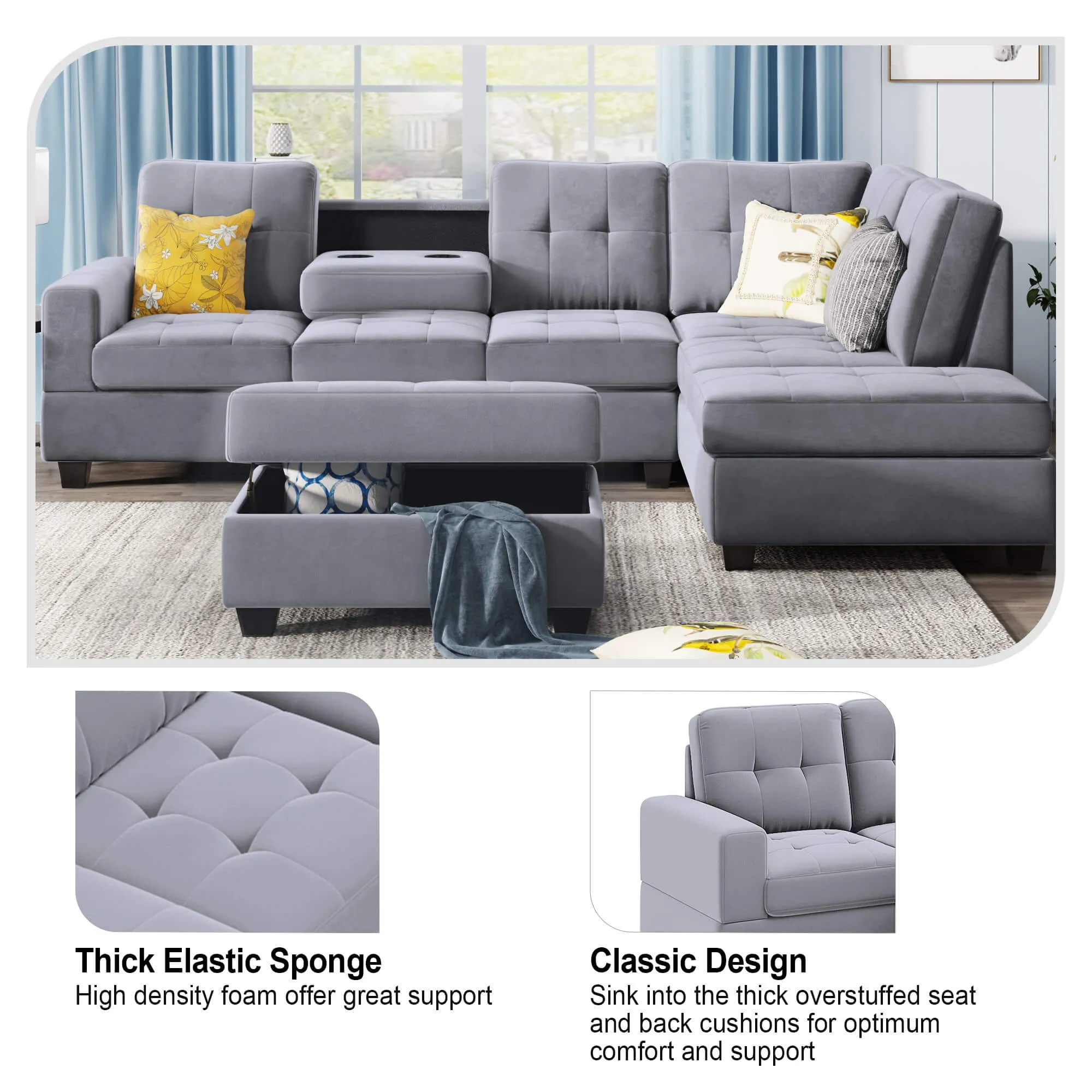 Sectional Sofa with Reversible Chaise Lounge L-Shaped Couch with Storage Ottoman and Cup Holders (Light Grey)