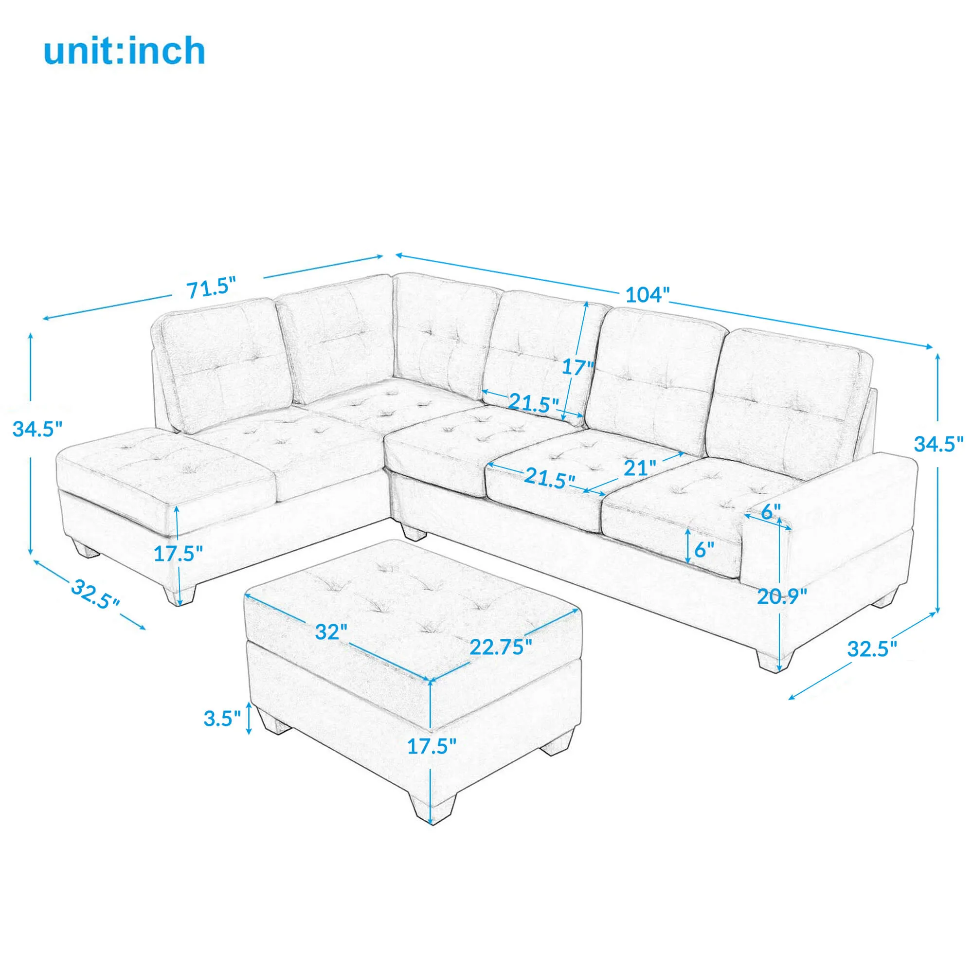 Sectional Sofa with Reversible Chaise Lounge L-Shaped Couch with Storage Ottoman and Cup Holders (Light Grey)