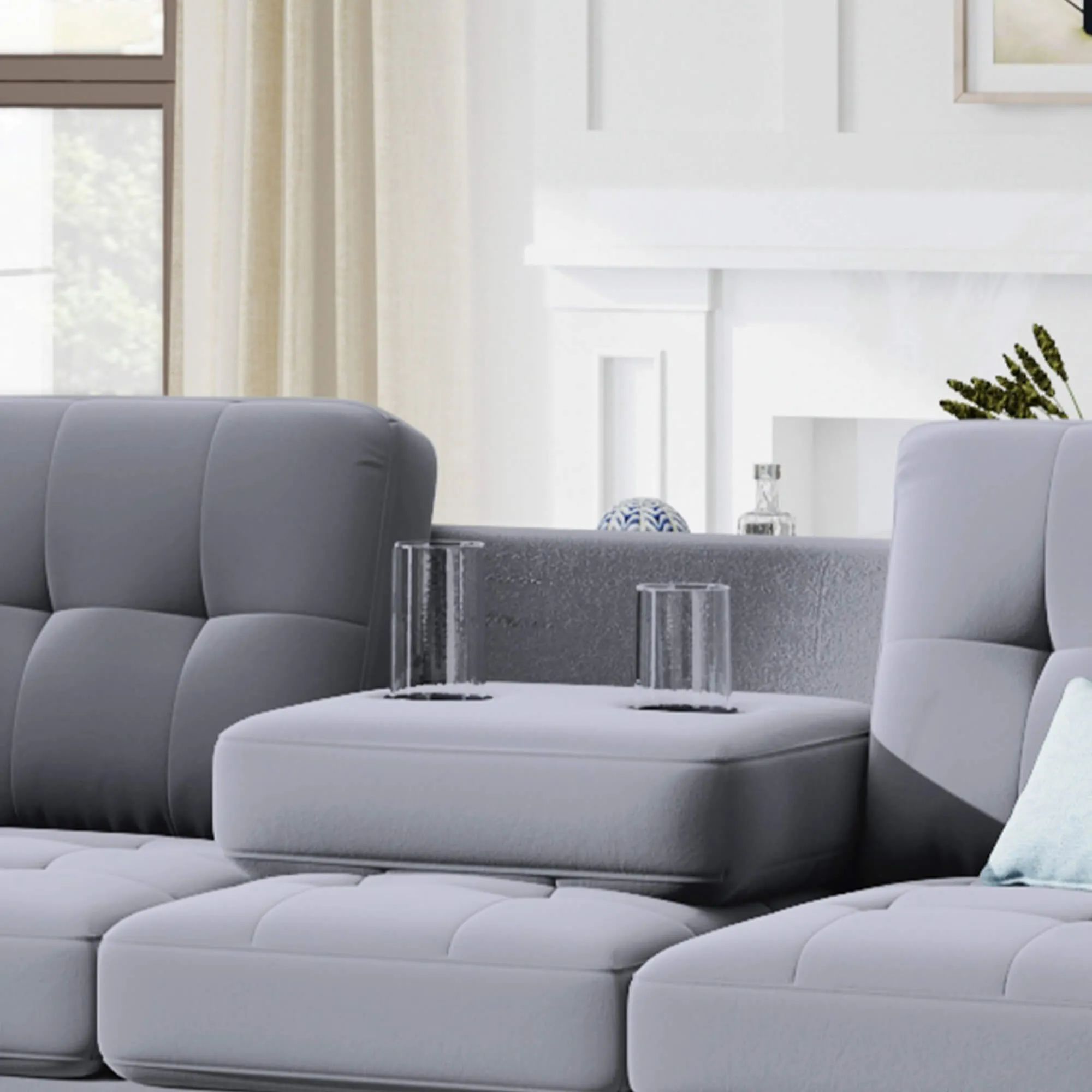 Sectional Sofa with Reversible Chaise Lounge L-Shaped Couch with Storage Ottoman and Cup Holders (Light Grey)