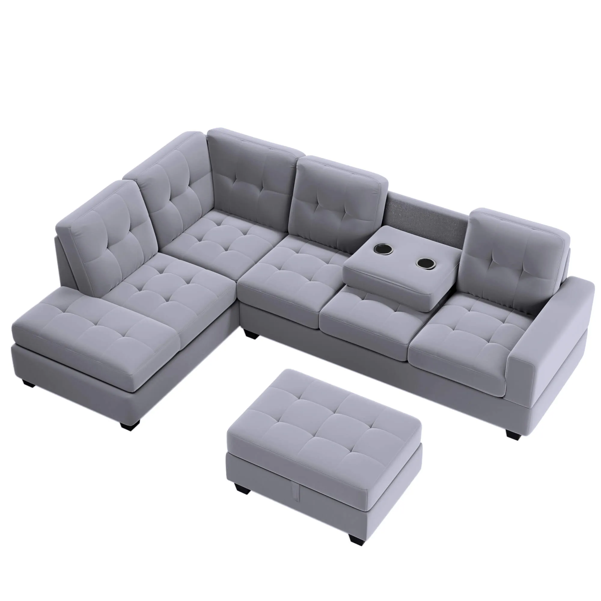 Sectional Sofa with Reversible Chaise Lounge L-Shaped Couch with Storage Ottoman and Cup Holders (Light Grey)