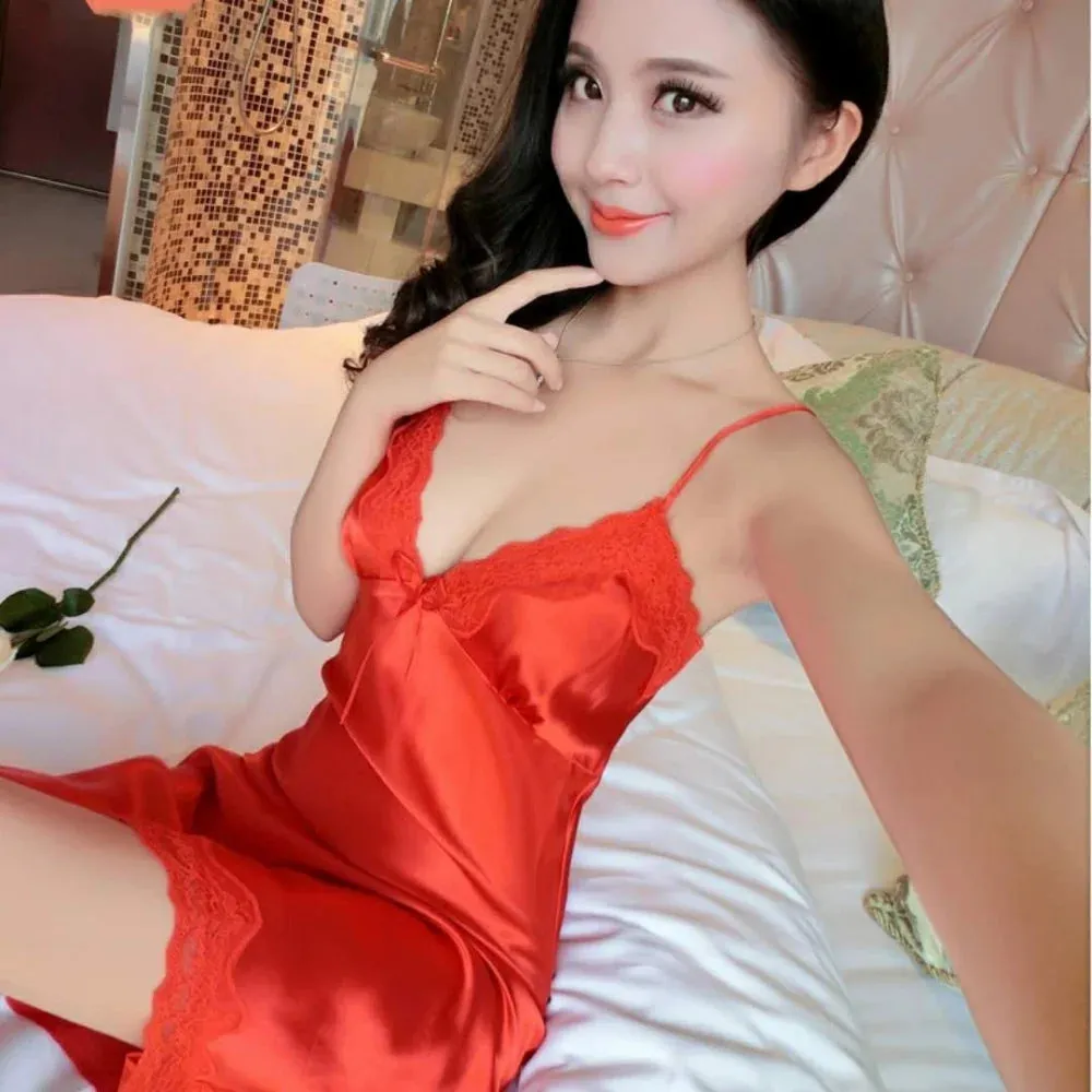 Sexy Women Solid Color Deep V Lace Trim Silk Robe Dress Babydoll Mini Nightdress Women Pajama Homewear