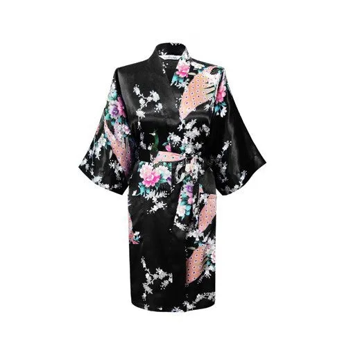 Silk Satin Wedding Bride Bridesmaid Robe Floral Bathrobe Short Kimono Robe Night Robe Bath Robe Fashion Dressing Gown For Women