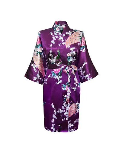 Silk Satin Wedding Bride Bridesmaid Robe Floral Bathrobe Short Kimono Robe Night Robe Bath Robe Fashion Dressing Gown For Women