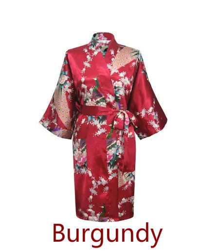 Silk Satin Wedding Bride Bridesmaid Robe Floral Bathrobe Short Kimono Robe Night Robe Bath Robe Fashion Dressing Gown For Women