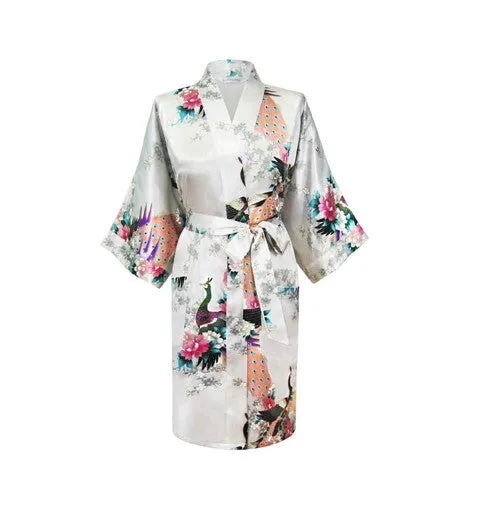 Silk Satin Wedding Bride Bridesmaid Robe Floral Bathrobe Short Kimono Robe Night Robe Bath Robe Fashion Dressing Gown For Women