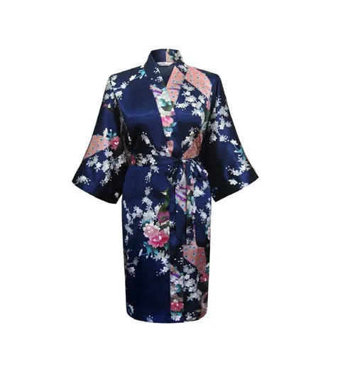 Silk Satin Wedding Bride Bridesmaid Robe Floral Bathrobe Short Kimono Robe Night Robe Bath Robe Fashion Dressing Gown For Women