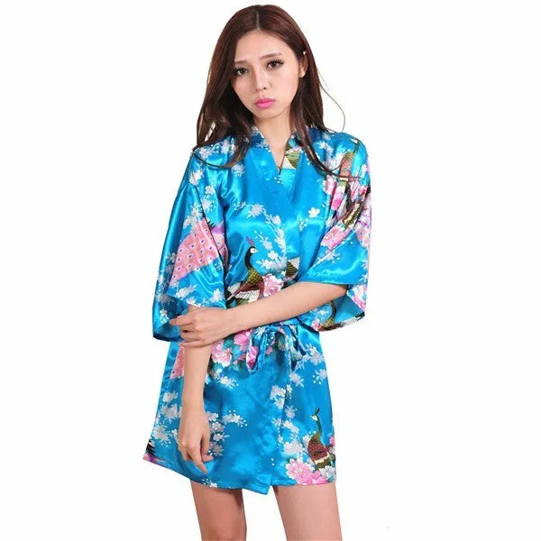 Silk Satin Wedding Bride Bridesmaid Robe Floral Bathrobe Short Kimono Robe Night Robe Bath Robe Fashion Dressing Gown For Women