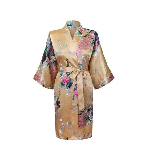 Silk Satin Wedding Bride Bridesmaid Robe Floral Bathrobe Short Kimono Robe Night Robe Bath Robe Fashion Dressing Gown For Women