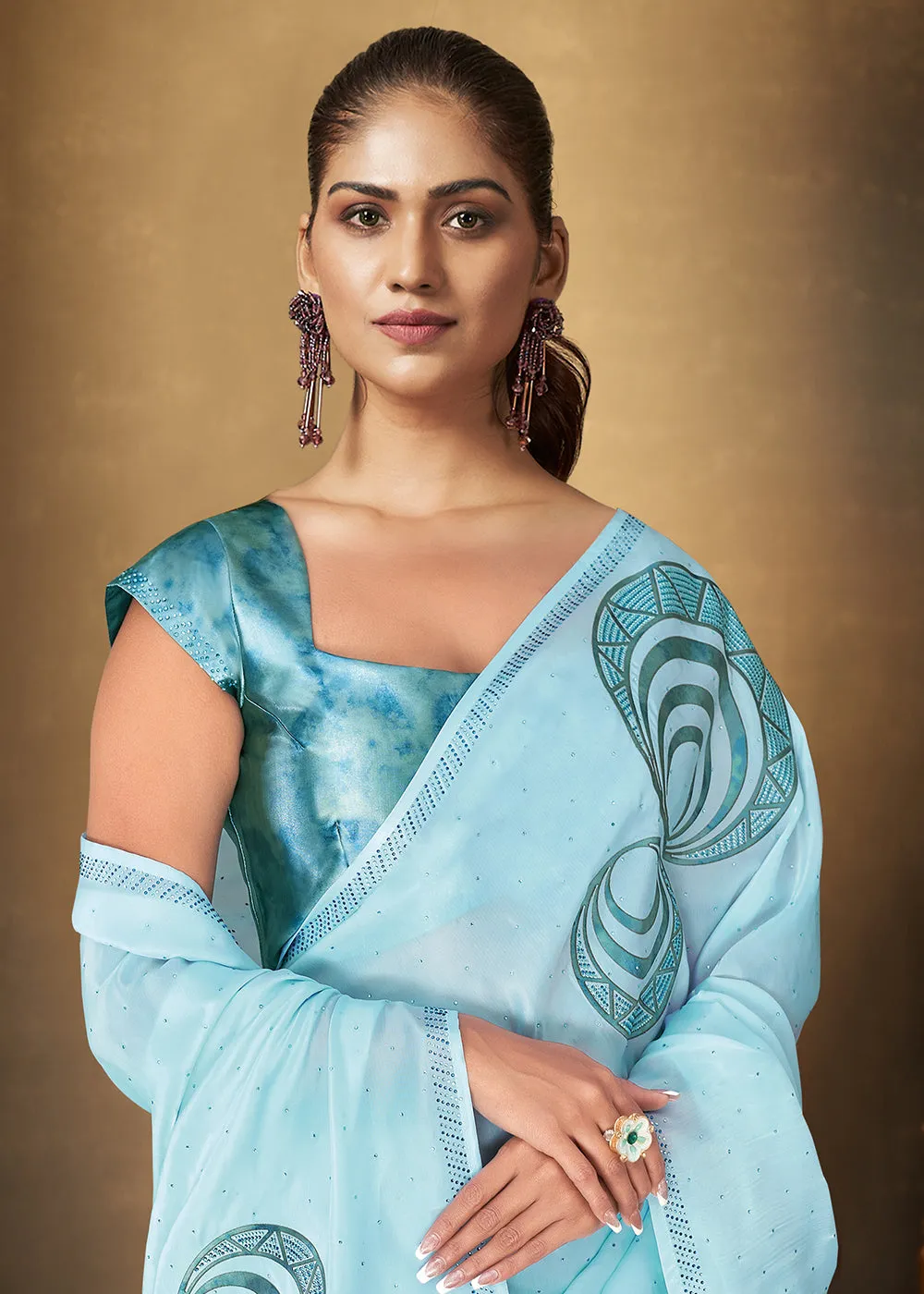 Sky Blue Organza Crepe Embroidered Designer Saree