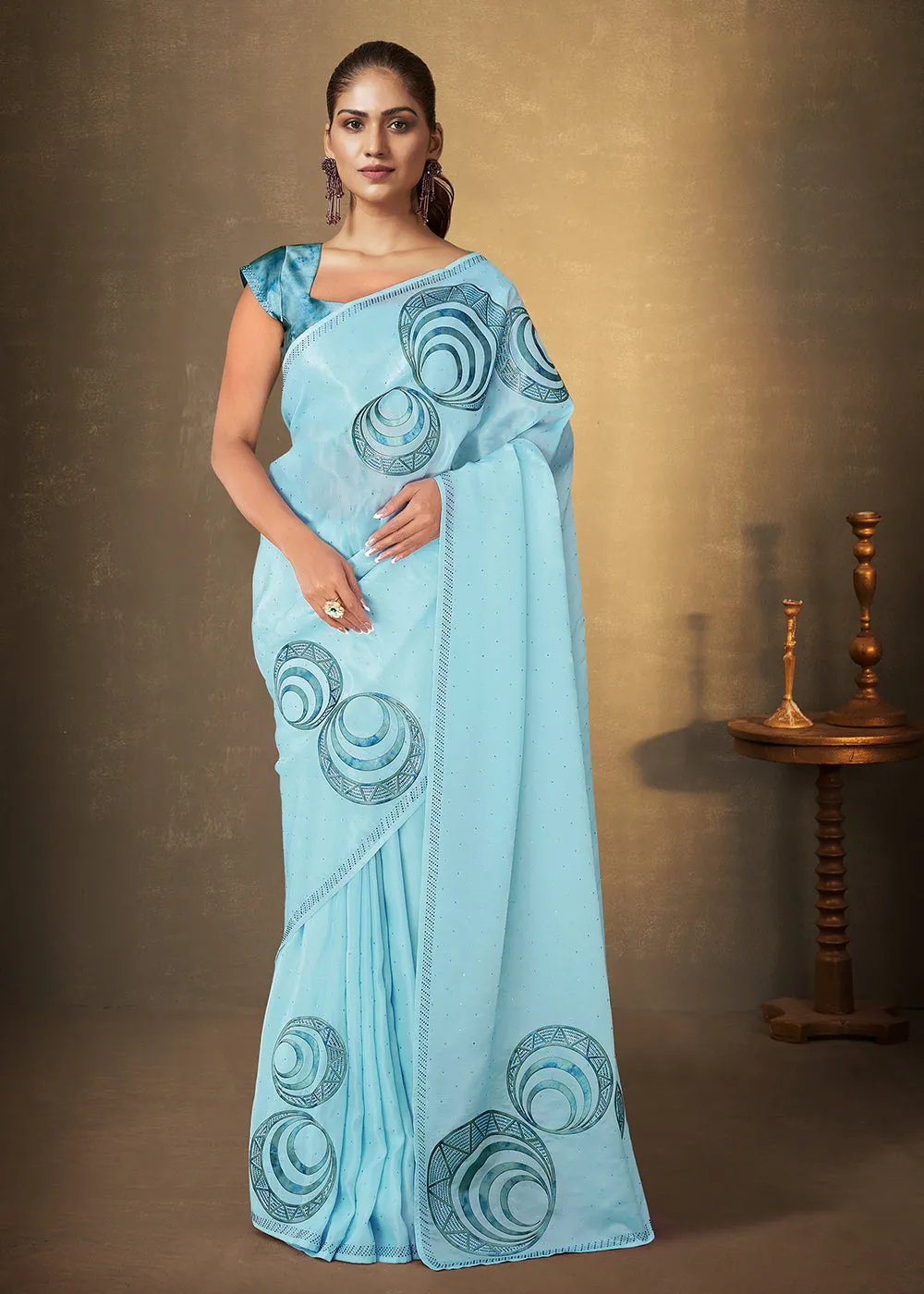 Sky Blue Organza Crepe Embroidered Designer Saree