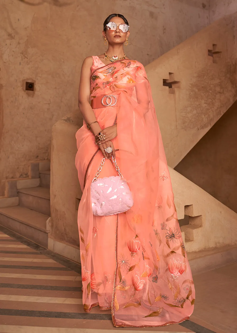 Soft Peach Organza Net Printed Embroidered Classic Indian Saree