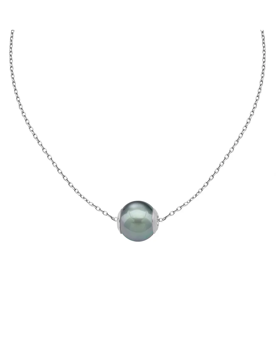 Sterling Silver Rhodium Plated Choker Necklace for Women with Grey Round Pearl, 12mm Pearl, 13"/16.9" Chain Length, Nuada Collection