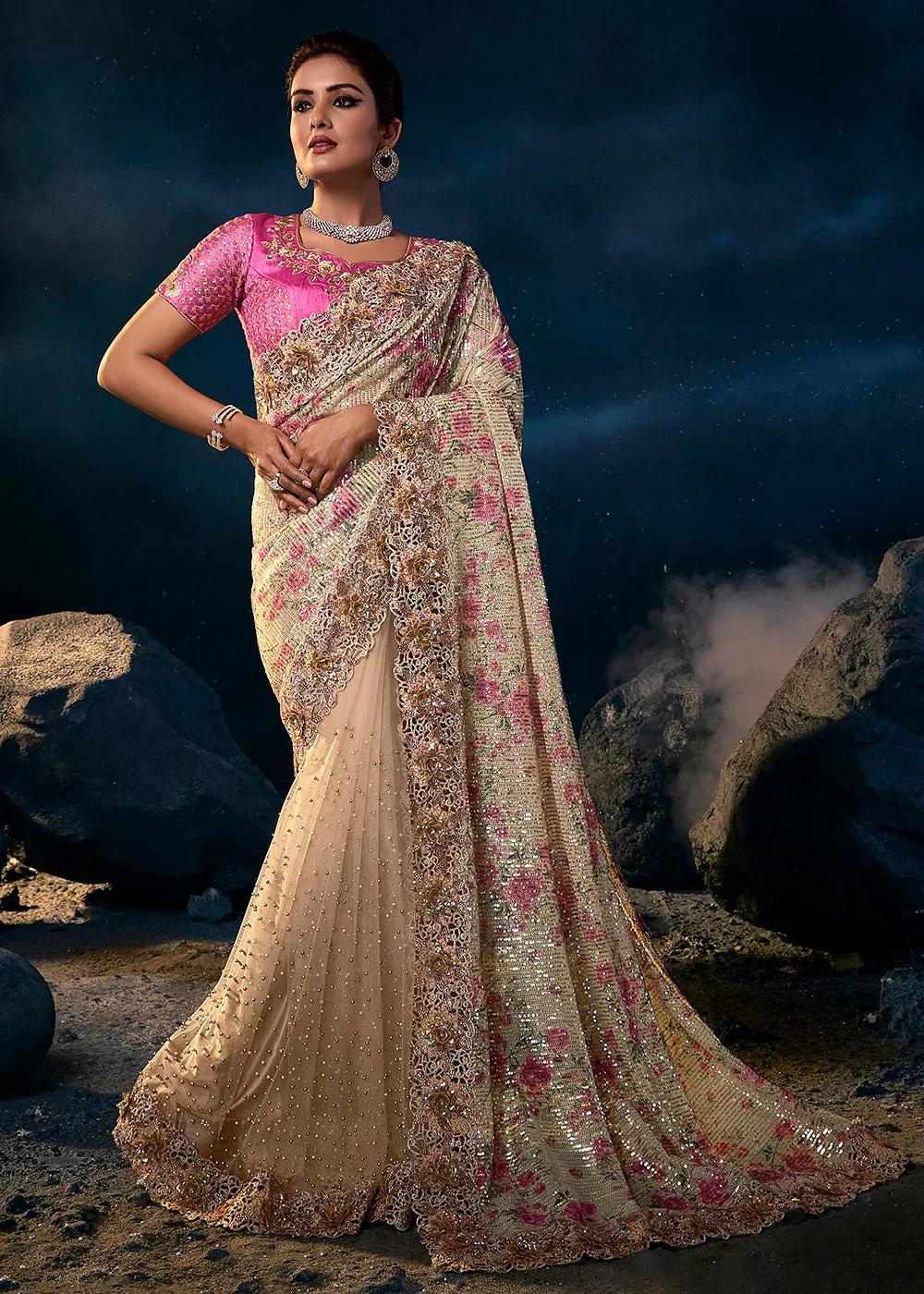 Stunning Cream Premium Net Heavy Embroidered Designer Saree