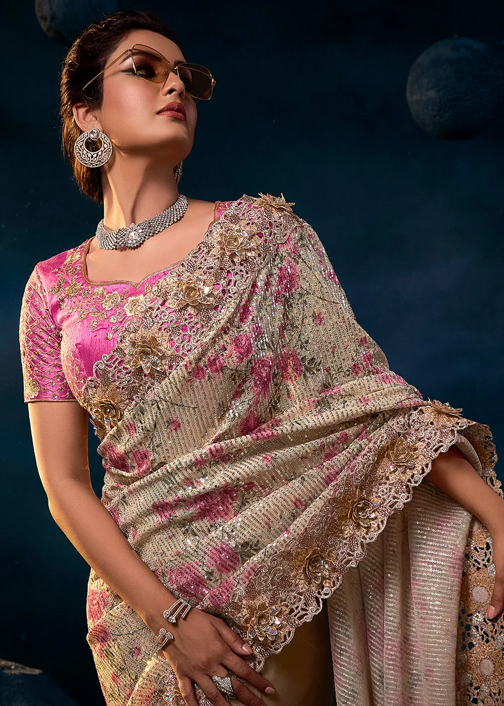 Stunning Cream Premium Net Heavy Embroidered Designer Saree