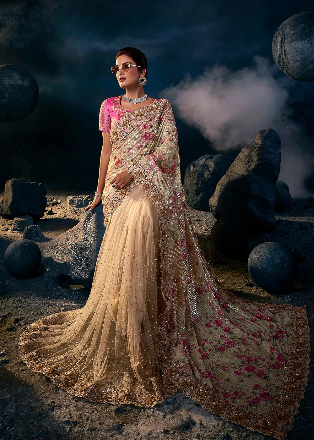 Stunning Cream Premium Net Heavy Embroidered Designer Saree