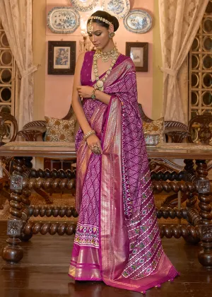 Stupendous Magenta Woven Zari & Printed Patola Silk Traditional Saree