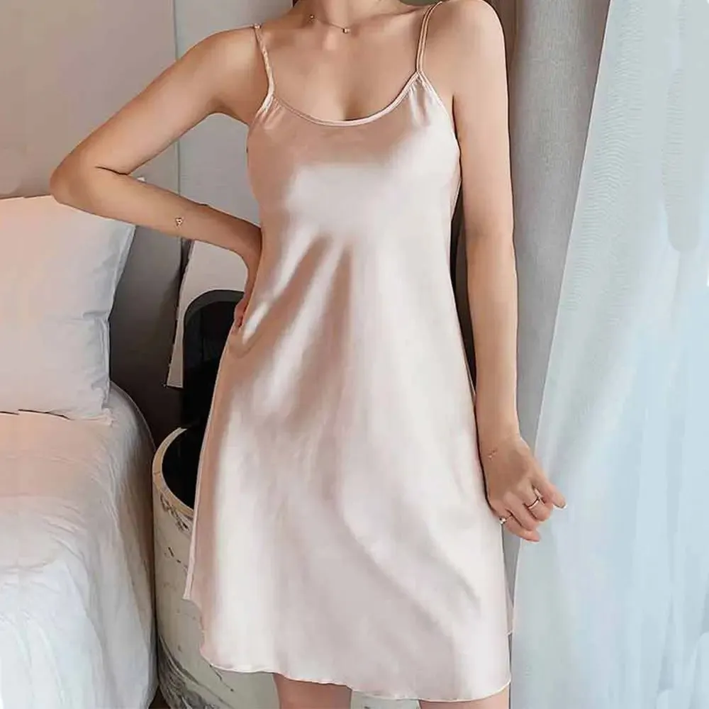 Summer Casual Pyjamas Camisole Homewear Solid Color Sling Nightdress Ice Silk Suspender  Nightdress Women Sleepwear