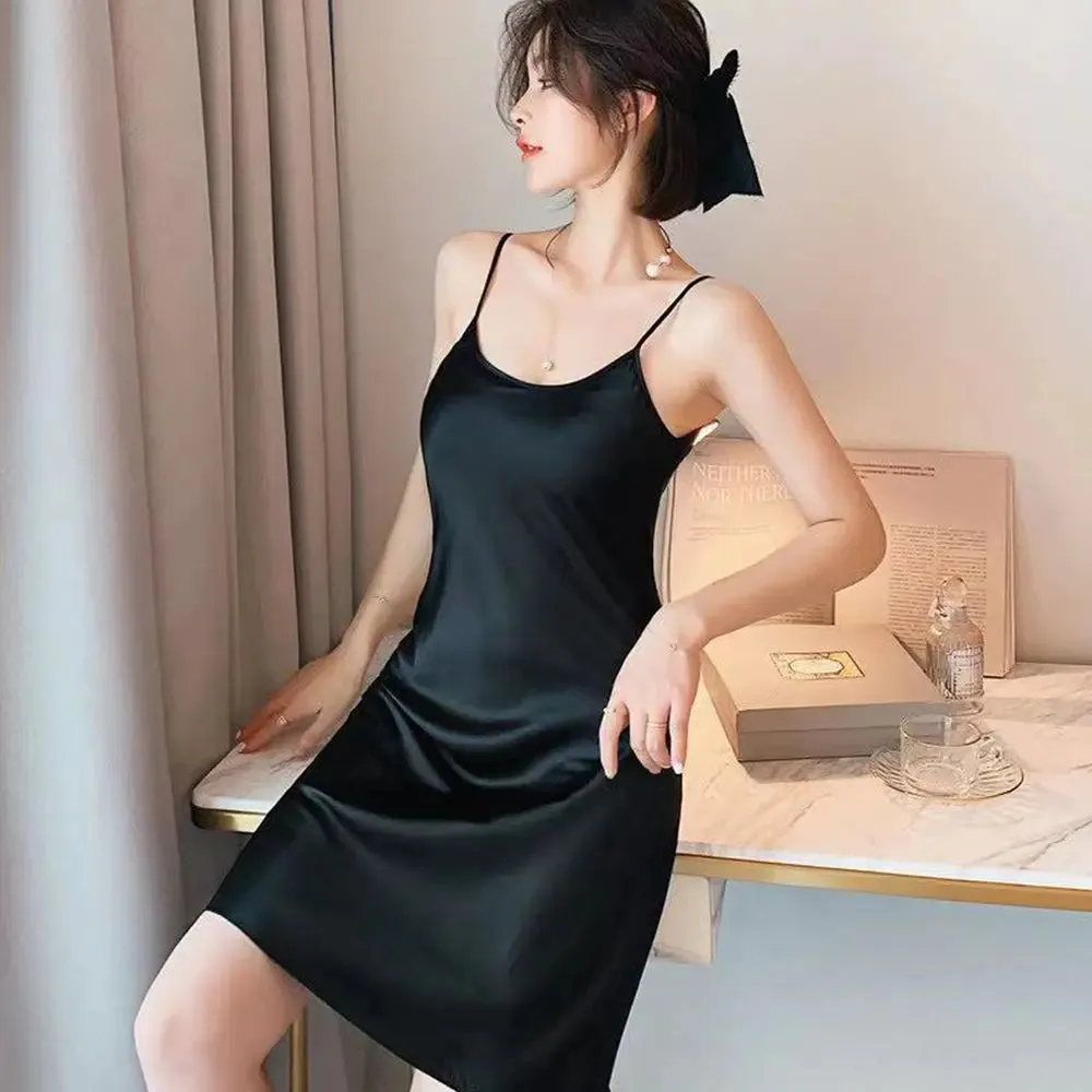 Summer Casual Pyjamas Camisole Homewear Solid Color Sling Nightdress Ice Silk Suspender  Nightdress Women Sleepwear