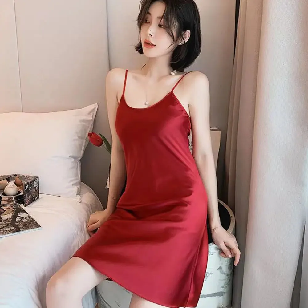 Summer Casual Pyjamas Camisole Homewear Solid Color Sling Nightdress Ice Silk Suspender  Nightdress Women Sleepwear