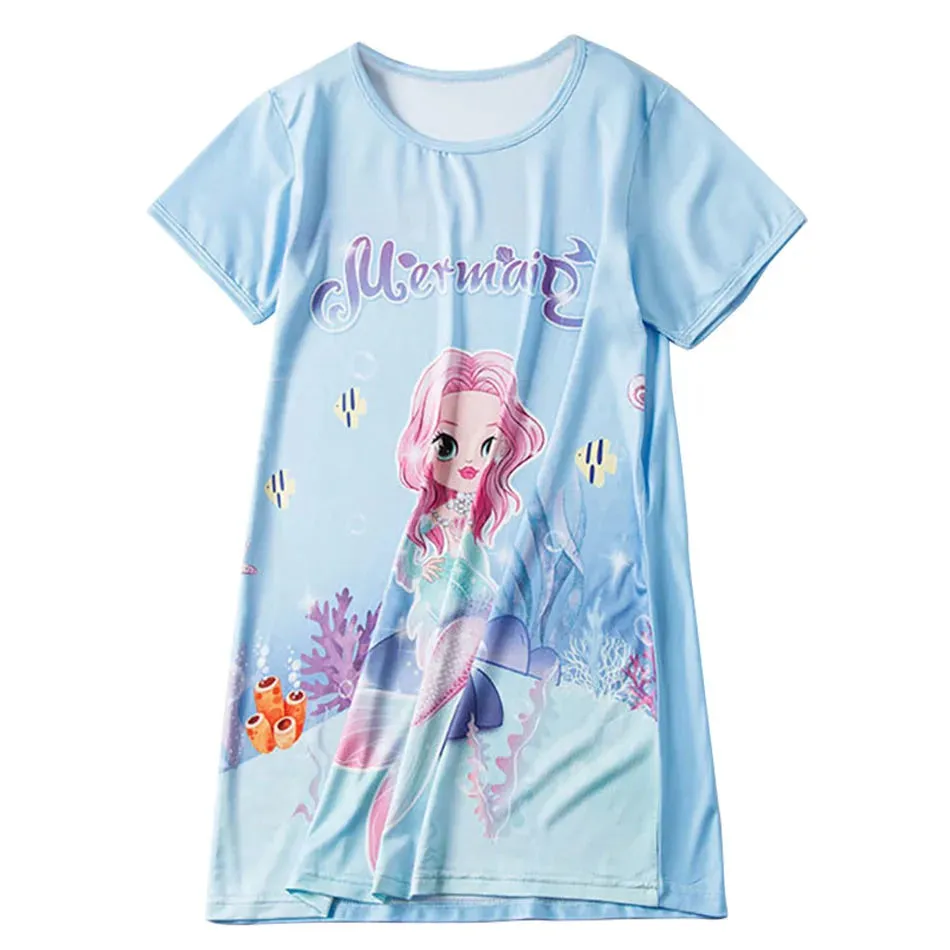 Summer New Cool Silk Smooth Mermaid Printed Girls Short Sleeve Sleeping Dress Children Cartoon Skin Friendly Soft Ice Silk Skirt