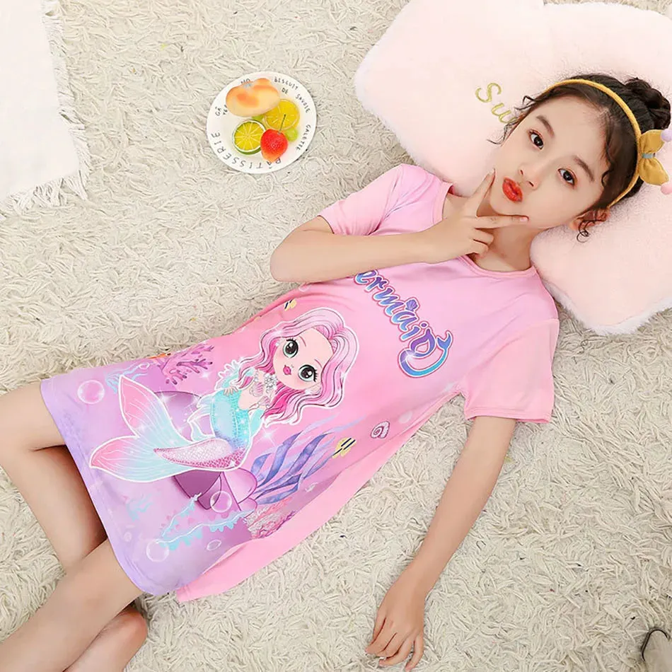 Summer New Cool Silk Smooth Mermaid Printed Girls Short Sleeve Sleeping Dress Children Cartoon Skin Friendly Soft Ice Silk Skirt