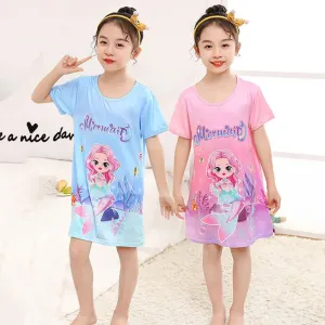 Summer New Cool Silk Smooth Mermaid Printed Girls Short Sleeve Sleeping Dress Children Cartoon Skin Friendly Soft Ice Silk Skirt