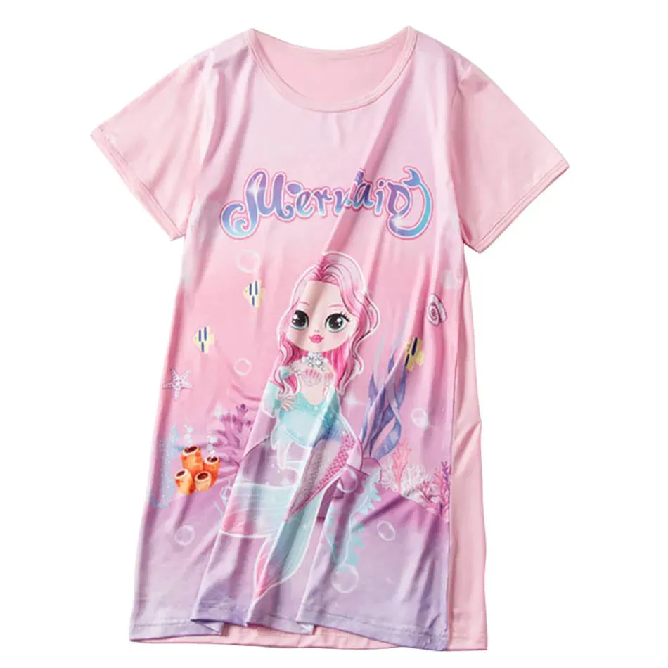 Summer New Cool Silk Smooth Mermaid Printed Girls Short Sleeve Sleeping Dress Children Cartoon Skin Friendly Soft Ice Silk Skirt